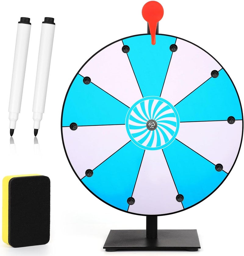NQEUEPN 12 Inch Spinning Prize Wheel, 10 Slots Tabletop Fortune Wheel Spinner with Stand Raffle Roulette with Dry Erase & Markers for Carnivals, Trade Shows, Holiday Activities, Game (Blue+White) - Image 1